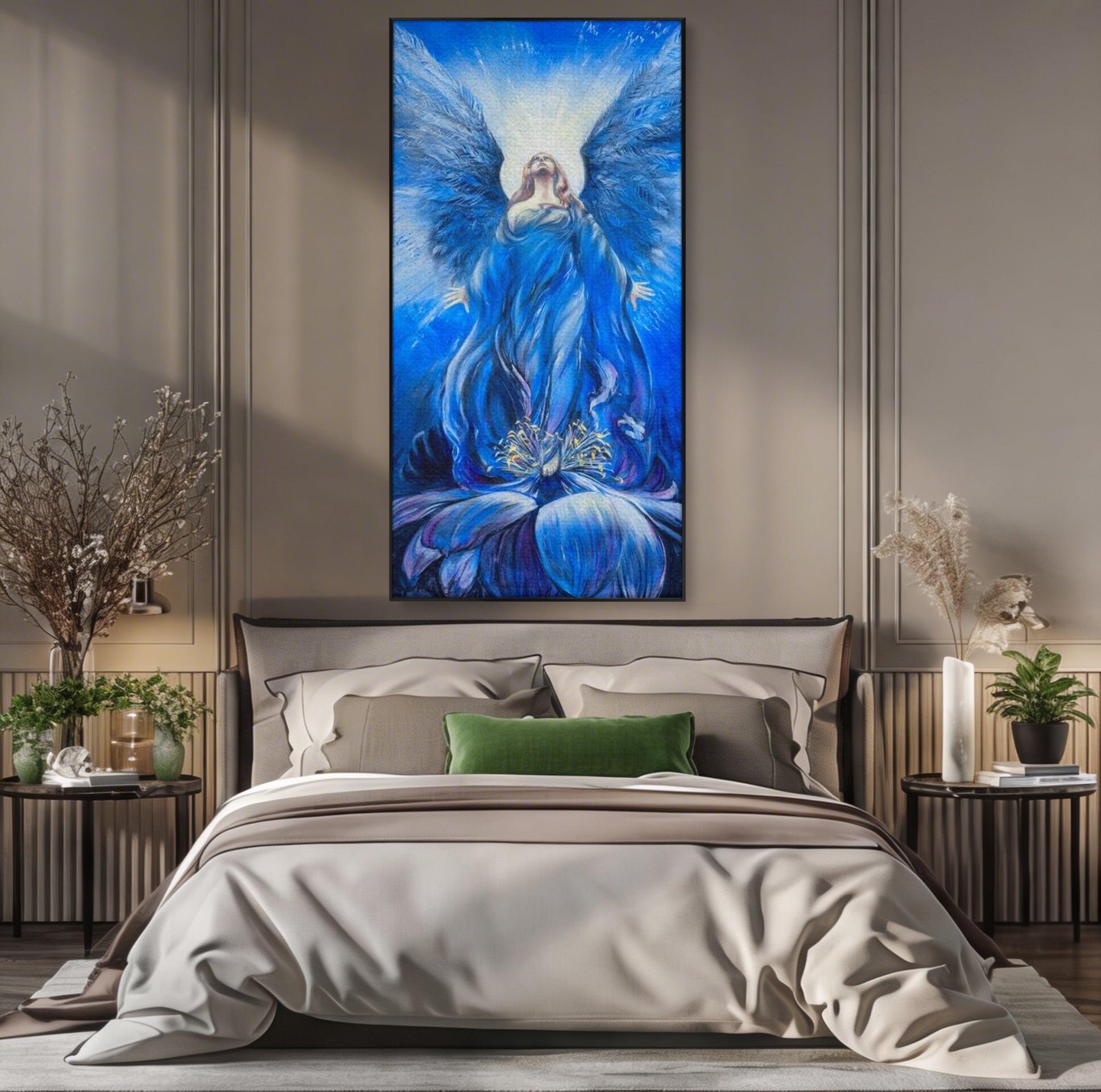 Tablou canvas cu tablou canvas cu inger albastru, in rama de aluminiu negru, pe perete intr-un dormitor
